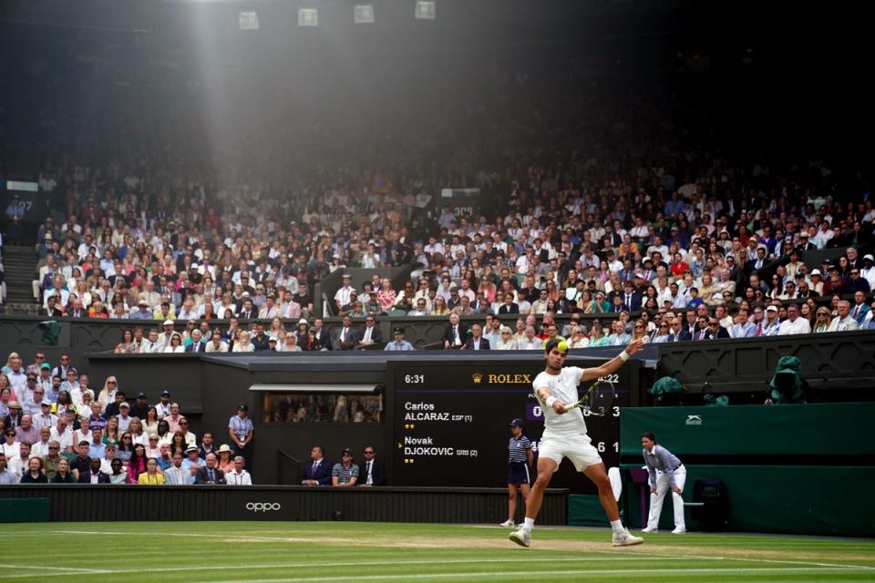 Carlos Alcaraz in action against Novak Djokovic in the men’s singles final in last year’s Wimbledon Championships (Adam Davy/PA) (PA Archive)