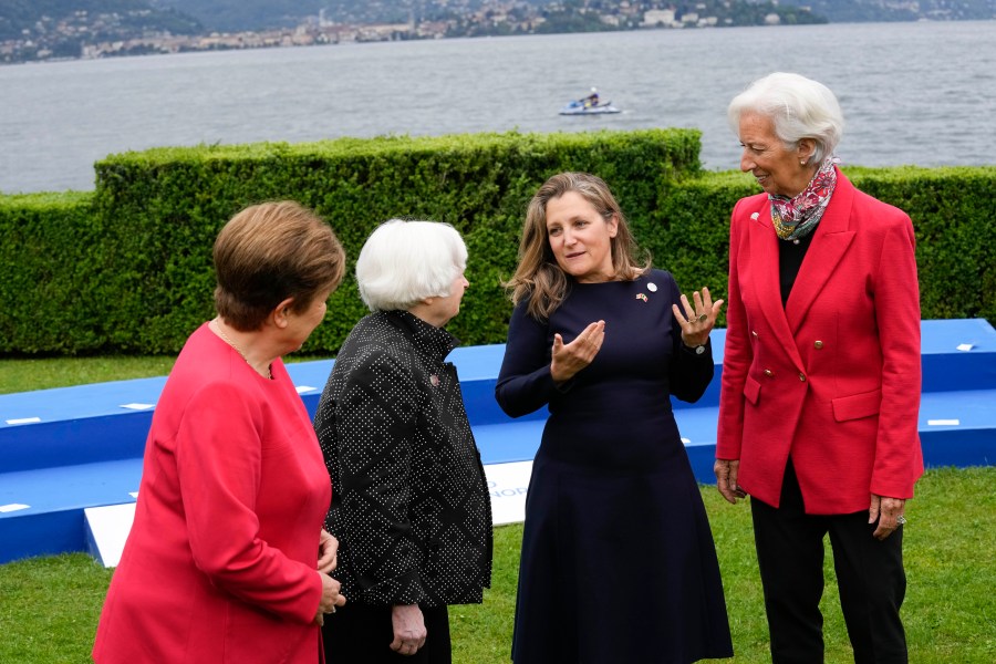 From left, International Monetary Fund Managing Director and Chairman of the Executive Board Kristalina Georgieva, United States' Treasury Secretary Janet Yellen, Canada's Finance Minister Chrystia Freeland and President of the European Central Bank Christine Lagarde meet during the G7 Finance Ministers meeting in Stresa, northern Italy, Friday, May 24, 2024. (AP Photo/Antonio Calanni)