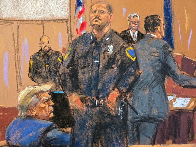 David Pecker is questioned by a prosecutor during former President Donald Trump's criminal trial on charges he falsified business records to conceal money paid to silence porn star Stormy Daniels in 2016, in Manhattan April 26, 2024 in this courtroom sketch.