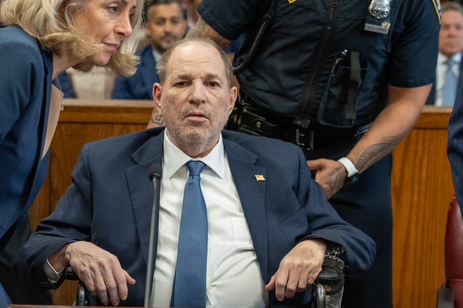 Harvey Weinstein returns to Manhattan Supreme Court on May 1, 2024, after his 2020 rape conviction was overturned in Manhattan.