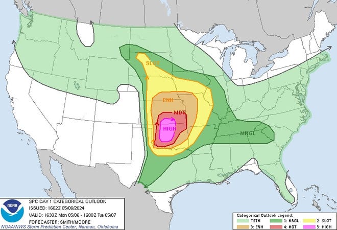 A rare "high risk" area for severe weather, centered on Oklahoma and Kansas, was issued on Monday by the Storm Prediction Center.