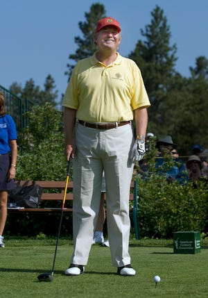 Donald Trump on the first tee during the 2006 American Century Celebrity Golf Tournament played at the Edgewood Tahoe golf course in Stateline, Nev. on July 13, 2006