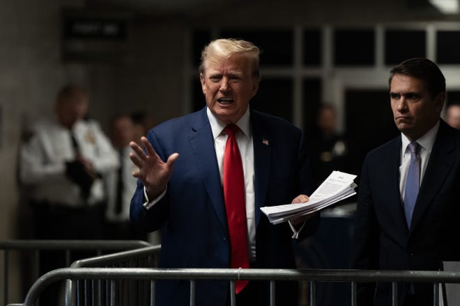 May 10, 2024; New York, NY, USA; Former US President Donald Trump speaks to reporters after the day’s proceedings in his criminal trial at Manhattan criminal court. Mandatory Credit: Todd Heisler/Pool via USA TODAY NETWORK
