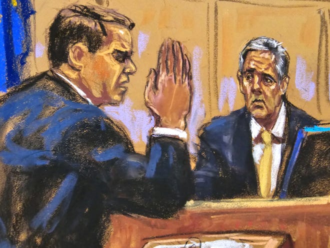 Michael Cohen is asked about taking an oath as he is cross-examined by defense lawyer Todd Blanche during former U.S. President Donald Trump's criminal trial on charges that he falsified business records to conceal money paid to silence porn star Stormy Daniels in 2016, in Manhattan state court in New York City, U.S. May 16, 2024 in this courtroom sketch.