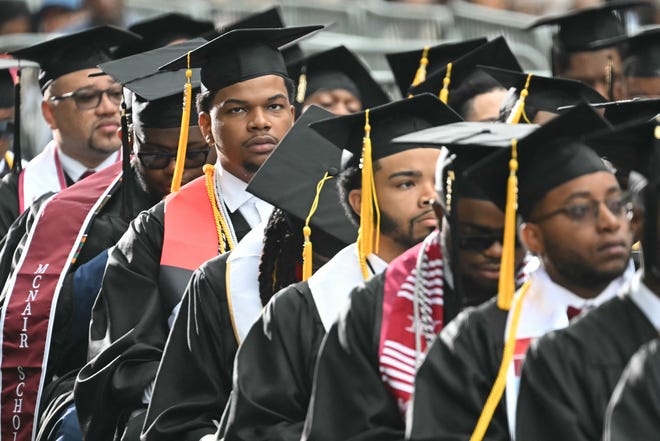 Graduates of Morehouse College attend their graduation ceremony before President Joe Biden delivers a commencement address in Atlanta, Georgia on May 19, 2024.