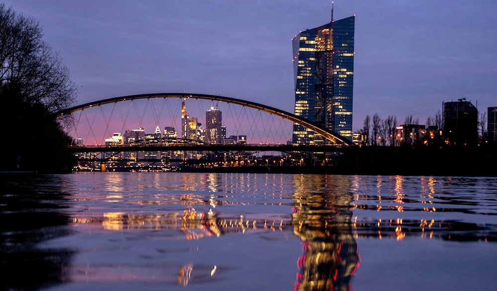 The European Central Bank is reflected in the river Main in Frankfurt, Germany, March 21, 2024. (AP)