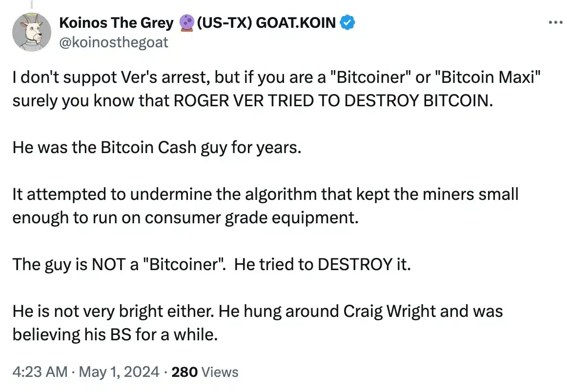 @koinosthegoat tweet on Roger Ver's arrest