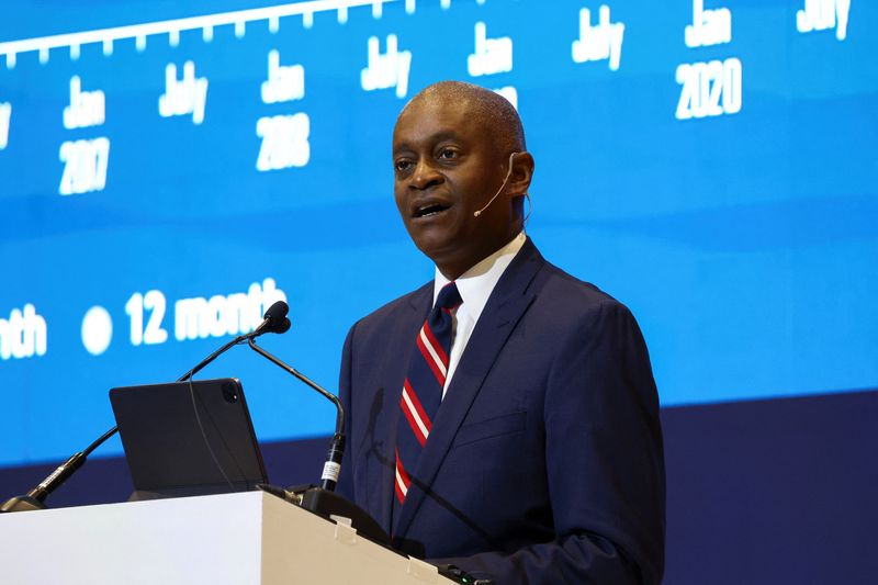 © Reuters. FILE PHOTO: President and chief executive officer of the Federal Reserve Bank of Atlanta, Raphael Bostic speaks at the South African Reserve Bank's Biennial Conference in the Cape Town International Convention Centre, South Africa, August 31, 2023. REUTERS/Esa Alexander/File Photo