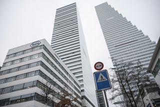 looking up at outside of Roche Holding headquarters in Switzerland