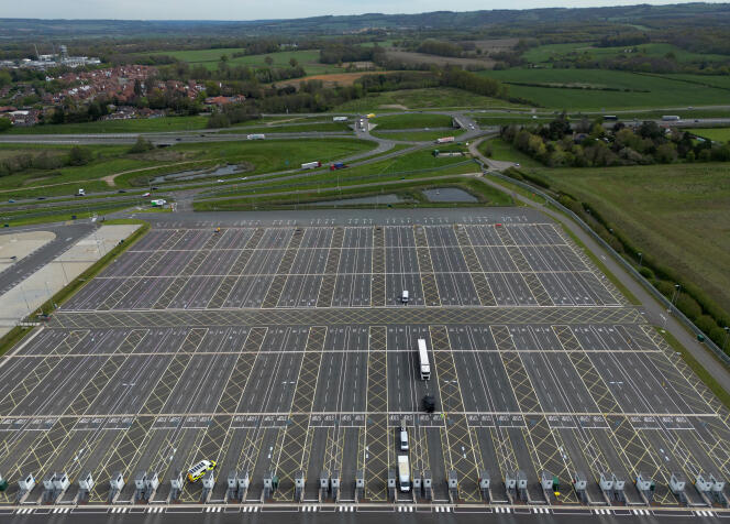 Freight lorries at the UK's Sevington Inland Border Facility, Kent, UK, April 29, 2024.