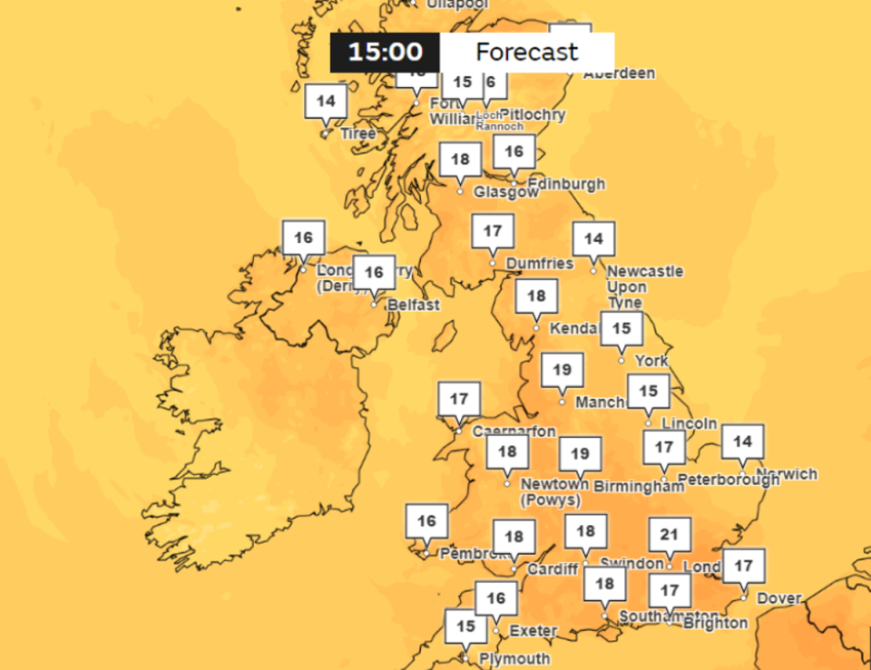 Highs of 21C are expected in London on Saturday afternoon (Met Office)
