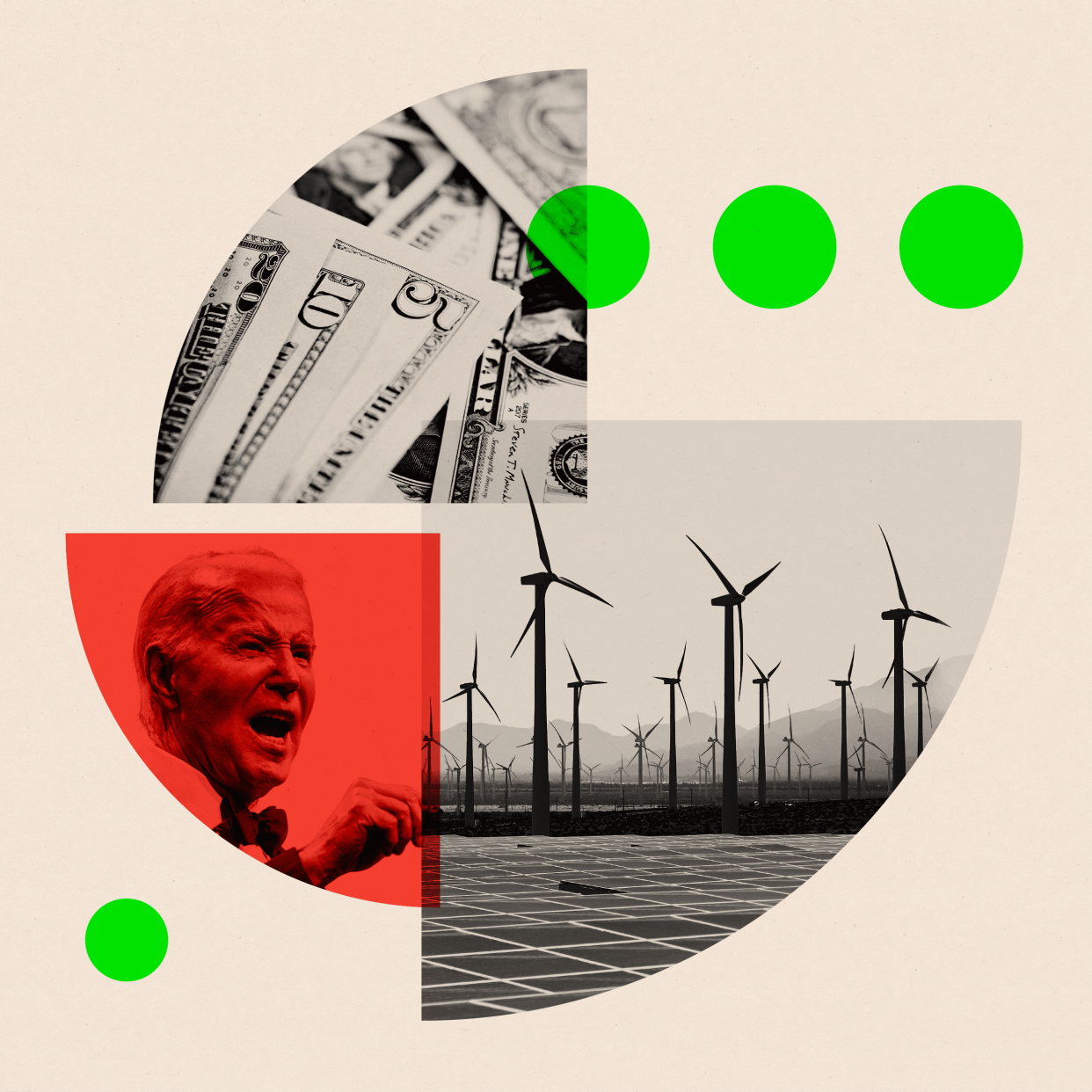 Montage showing US President Joe Biden alongside images of dollar bills and a wind farm