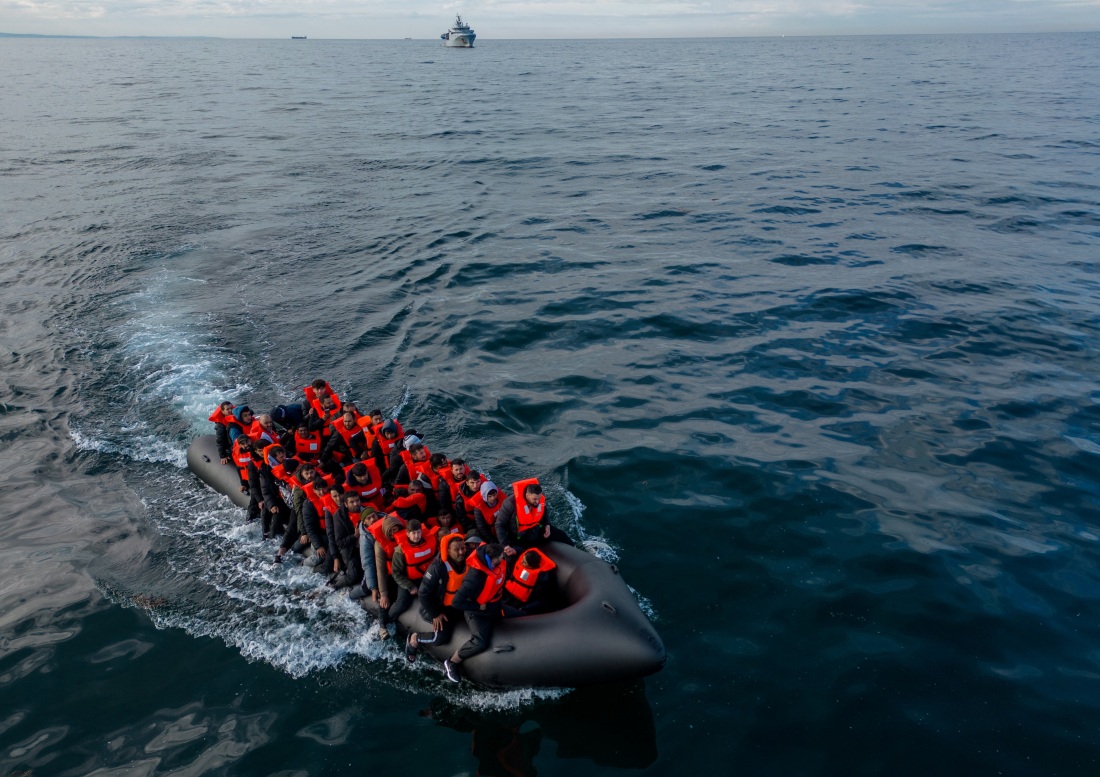 In this drone view, an inflatable dinghy carrying migrants makes its way across the English Channel to Britain, on May 4.
