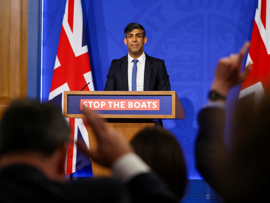 Britain's Prime Minister Rishi Sunak reacts as he answers journalists' questions during a press conference, at the Downing Street Briefing Room, in central London, on April 22, 2024 regarding the Britain and Rwanda treaty to transfer illegal migrants to the African country. Rishi Sunak promised on April 22, 2024 that deportation flights of asylum seekers to Rwanda will begin in 