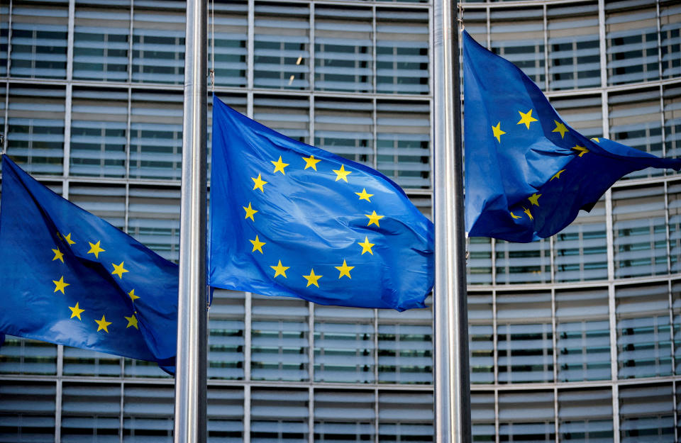 FILE PHOTO: European Union flags fly outside the European Commission headquarters in Brussels, Belgium, March 1, 2023.REUTERS/Johanna Geron/File Photo