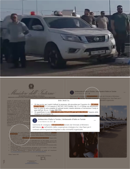 The Nissan Navara pickups used by Tunisia to intercept and subsequently throw migrants into the desert match those donated by Italy and Germany. The Italian government has delivered 106 vehicles of this model to the Saied administration, according to the contracts obtained by this investigation. Germany donated 37 pickups in 2017.