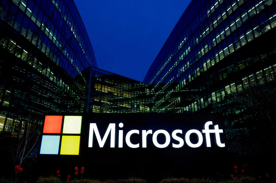 FILE PHOTO: A view shows a Microsoft logo at Microsoft offices in Issy-les-Moulineaux near Paris, France, March 25, 2024. REUTERS/Gonzalo Fuentes//File Photo