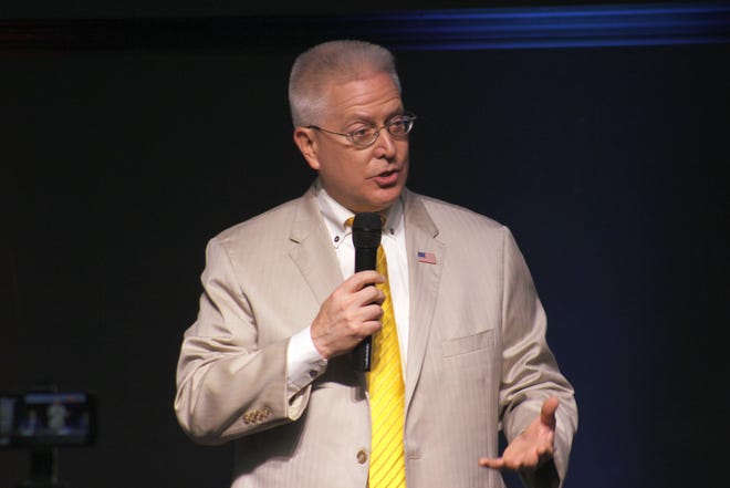 Jonathan Emord speaks to the audience during a U.S. Senate candidate forum in Staunton on May 17. Four out of the five Republican candidates in the primary attended the forum which was held at the Victory Worship Center. The fifth candidate, Hung Cao, did not attend.