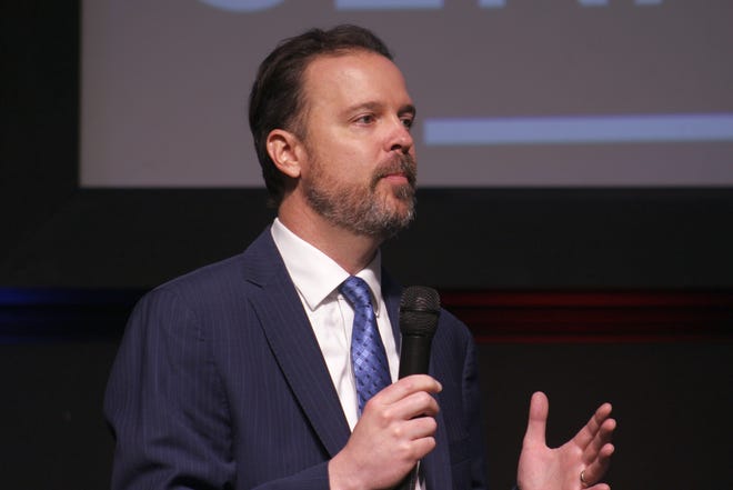 Scott Parkinson speaks to the audience during a U.S. Senate candidate forum in Staunton on May 17. Four out of the five Republican candidates in the primary attended the forum which was held at the Victory Worship Center. The fifth candidate, Hung Cao, did not attend.