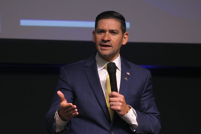 Eddie Garcia speaks to the audience during a U.S. Senate candidate forum in Staunton on May 17. Four out of the five Republican candidates in the primary attended the forum which was held at the Victory Worship Center. The fifth candidate, Hung Cao, did not attend.