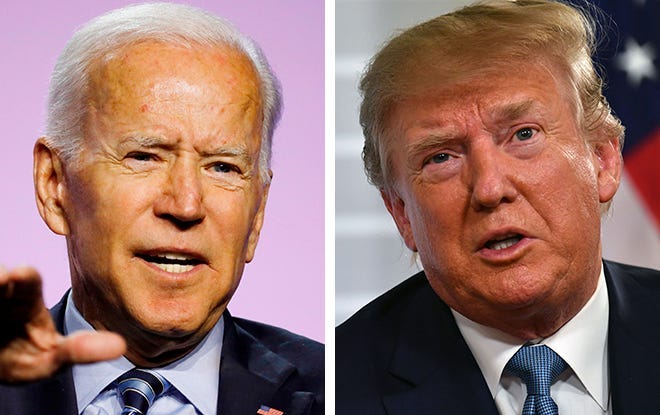 President Joe Biden, left, leads Former President Donald Trump, right, in a new poll from KARE11/MPR News/Star Tribune.