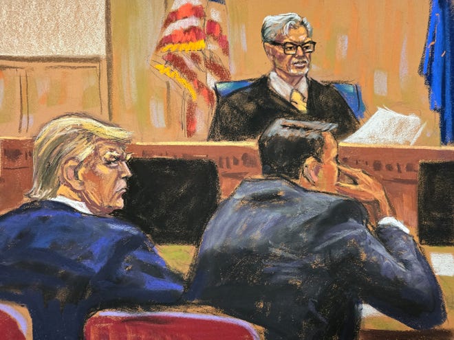 Justice Juan Merchan instructs the jury before deliberations as Republican presidential candidate and former U.S. President Donald Trump looks on during his criminal trial over charges that he falsified business records to conceal money paid to silence porn star Stormy Daniels in 2016, at Manhattan state court in New York City, U.S. May 29, 2024 in this courtroom sketch.