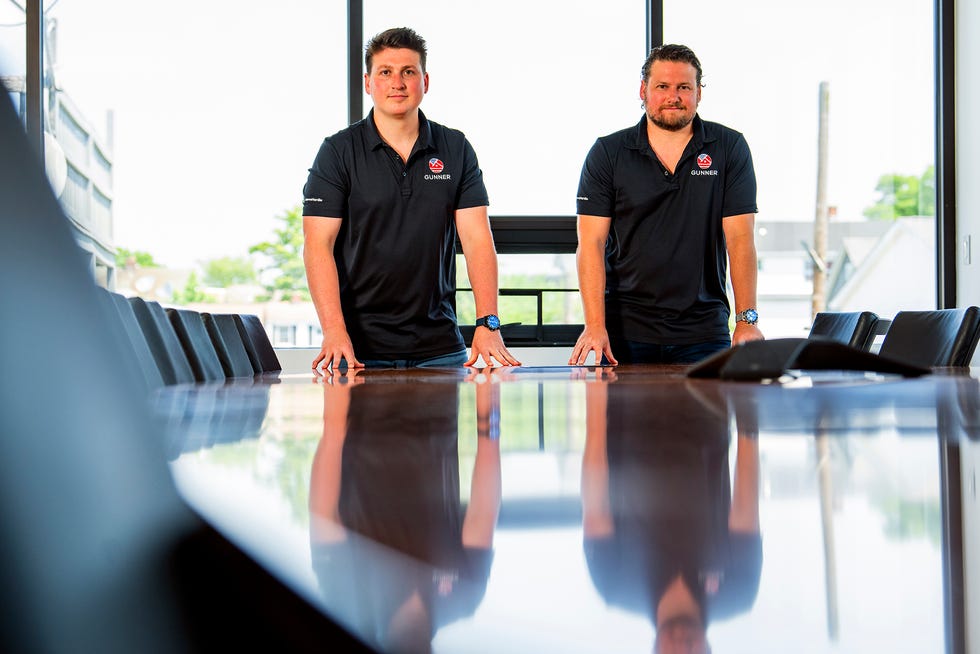 Andrew, left, and Eddie Prchal, owners of Gunner Roofing, at their current headquarters in Stamford, Conn. The company expanded from its original Greenwich location in 2022.