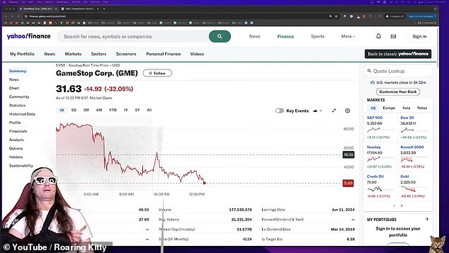 Mr Gill (bottom left with  his arm in a sling) shares his screen showing GameStop share data during his livestream