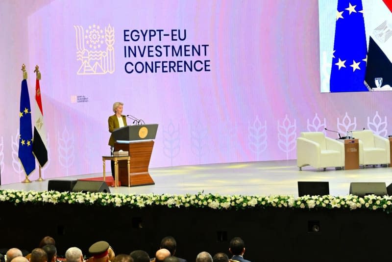 President of the European Commission Ursula von der Leyen speaks during the Egypt-EU Investment Conference. Dati Bendo/European Commission/dpa