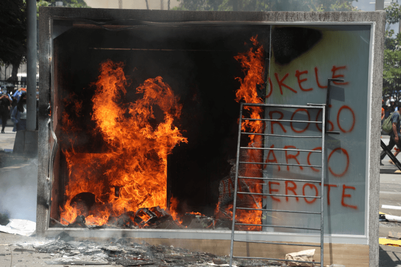 A Chivo Wallet Bitcoin ATM burns in San Salvador.
