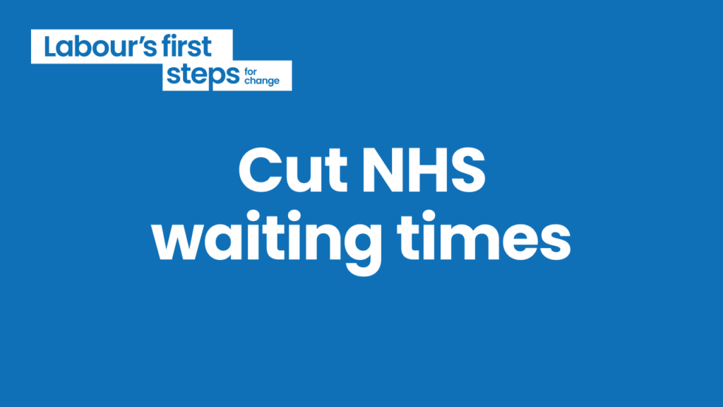 Graphic with text reading: Labour's first steps for change: Cut NHS waiting times