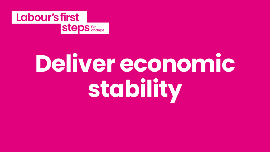 Graphic with text reading: Labour's first steps for change: Deliver economic stability