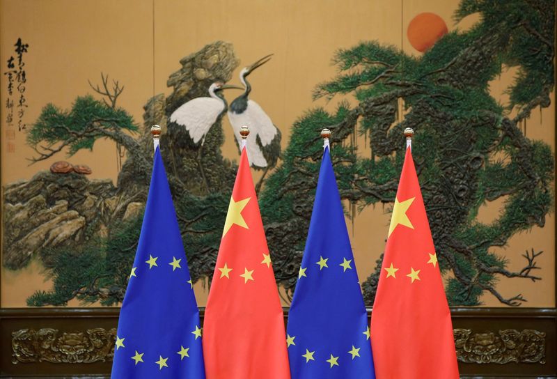 © Reuters. FILE PHOTO: Flags of European Union and China are pictured during the China-EU summit at the Great Hall of the People in Beijing, China, July 12, 2016. REUTERS/Jason Lee/File Photo