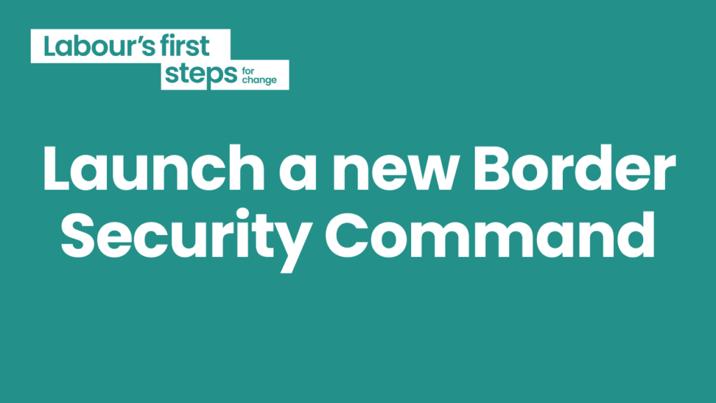Graphic with text reading: Labour's first steps for change: Launch a new Border Security Command