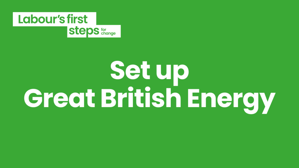 Graphic with text reading: Labour's first steps for change: Set up Great British Energy