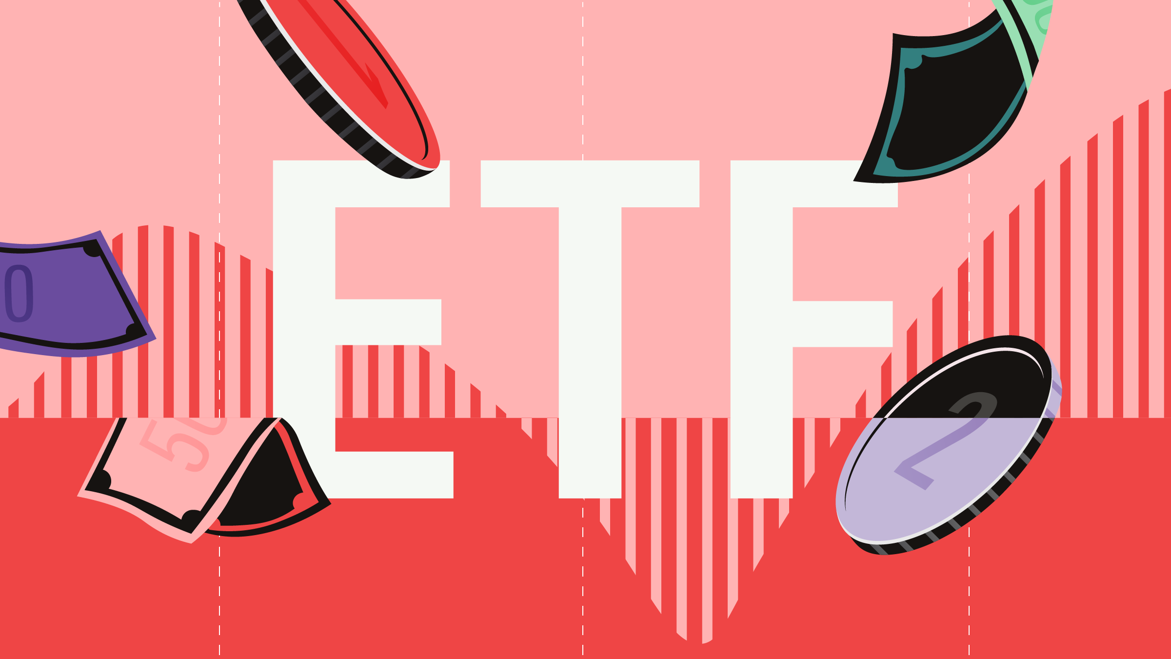 Illustration of generic coins and bills floating over graph with the 'ETF' in the center