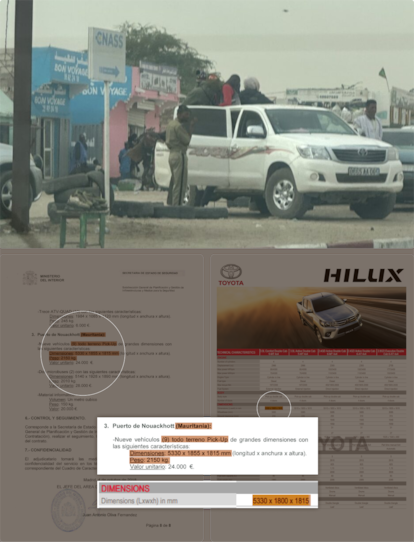 The Toyota Hilux SUVs that Mauritanian agents use to arrest migrants match the technical characteristics of nine vehicles that the Spanish Ministry of the Interior donated to Mauritania in 2018. These Toyotas have also been recorded entering and leaving detention centers.