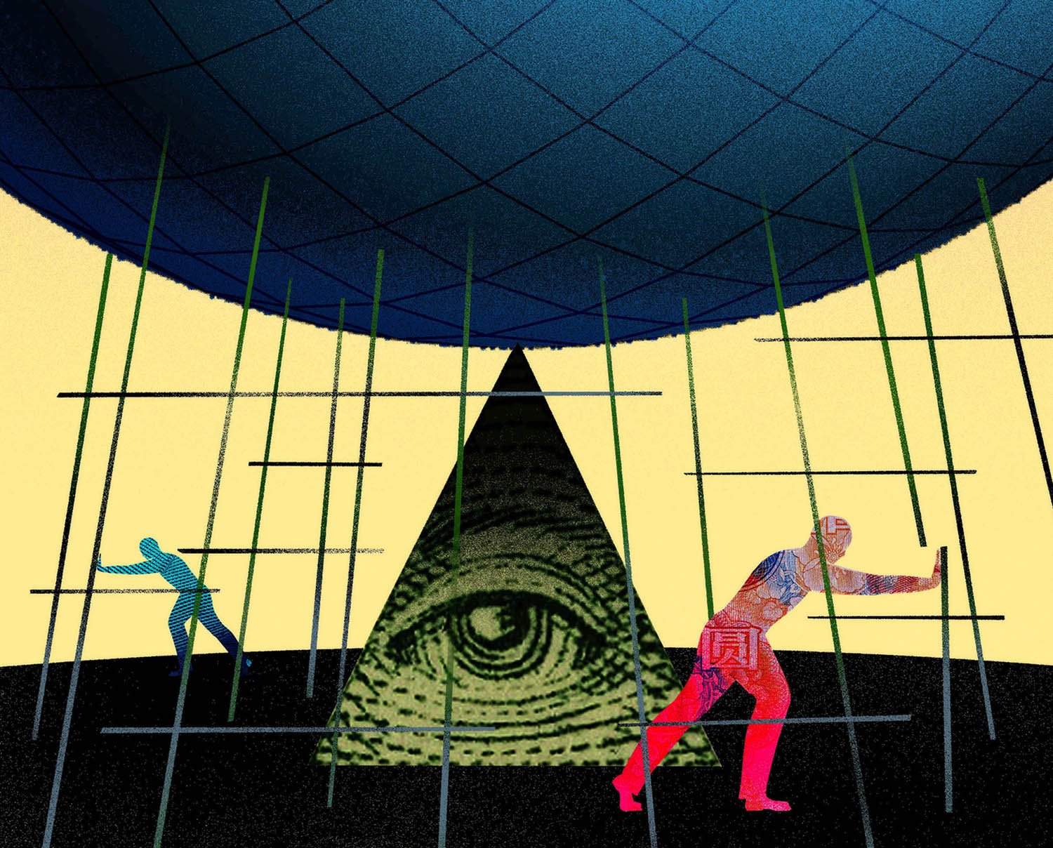 An illustration shows the eye from a dollar bill used as a fulcrum with the globe balanced atop it. Two figures representing other global currencies push on scaffolding at left and right to try to upset the balance.