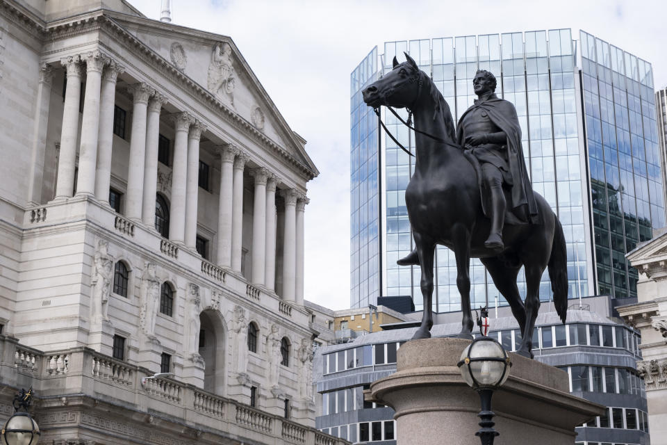 Bank of England and the Duke of Wellington statue in the City of London on 11th June 2024 in London, United Kingdom. The City of London is a city, ceremonial county and local government district that contains the primary central business district CBD of London. The City of London is widely referred to simply as the City is also colloquially known as the Square Mile. (photo by Mike Kemp/In Pictures via Getty Images)
