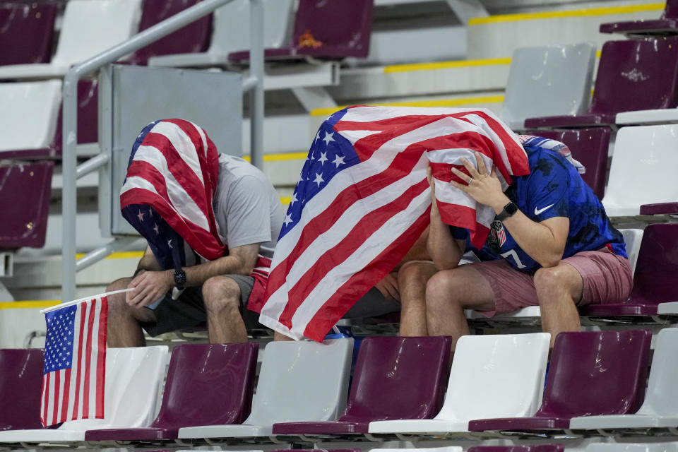 DOHA, QATAR - DECEMBER 03: Supporters of United States looks dejected after the FIFA World Cup Qatar 2022 Round of 16 match between Netherlands and USA at Khalifa International Stadium on December 3, 2022 in Doha, Qatar. (Photo by Mohammad Karamali/DeFodi Images via Getty Images)