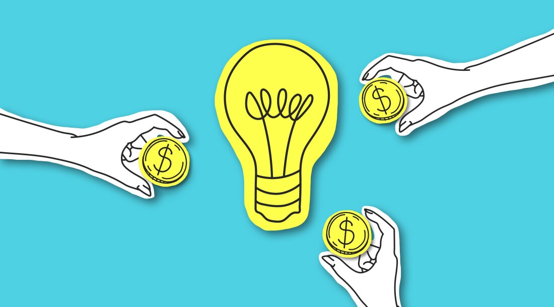 An illustration of a yellow light bulb surrounded by three hands, each holding a yellow coin with a dollar sign on it. The illustration is against a light blue rectangular background.