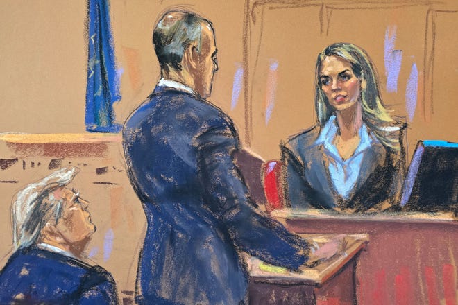 Hope Hicks, a former top aide to former U.S. President Donald Trump, is cross examined by defense lawyer Emil Bove during Trump's criminal trial on charges that he falsified business records to conceal money paid to silence porn star Stormy Daniels in 2016, in Manhattan state court in New York City, U.S. May 3, 2024 in this courtroom sketch.