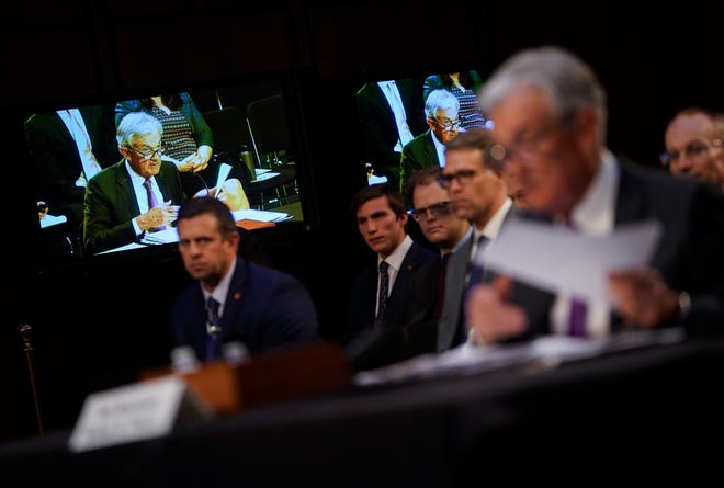Jerome Powell, Chair, Board of Governors of the Federal Reserve System, testifies in front of the Senate Banking, Housing, and Urban Affairs Committee during a hearing on the Federal Reserve's Semiannual Monetary Policy Report on March 7 2023.