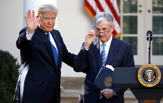 President Donald Trump gestures with Jerome Powell, his nominee to become chairman of the U.S. Federal Reserve at the White House in Washington, U.S., November 2, 2017.