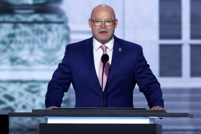 President of the International Brotherhood of Teamsters Sean O'Brien speaks on stage on the first day of the Republican National Convention at the Fiserv Forum on July 15, 2024, in Milwaukee, Wisconsin.