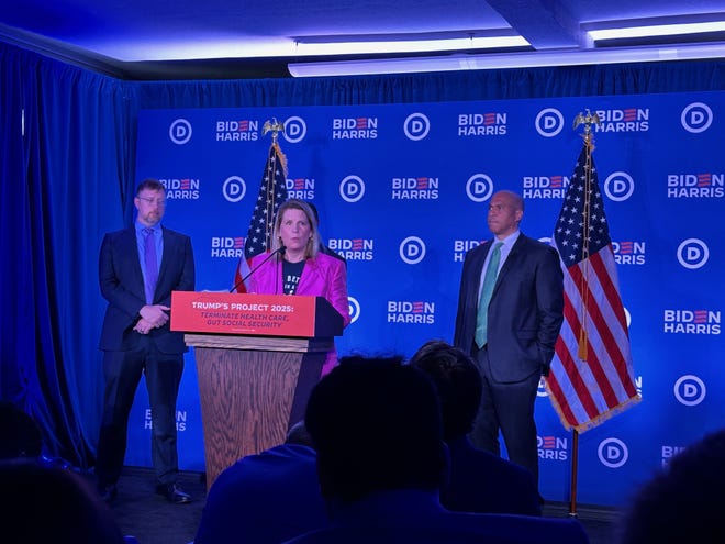 AFL-CIO President Liz Shuler speaks at a Biden-Harris press conference on the second day of the Republican National Convention in Milwaukee.