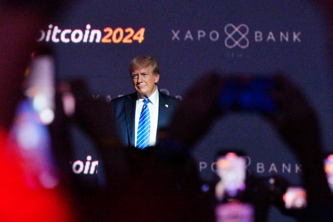 Former President Donald Trump addresses the Bitcoin2024 conference at the Music City Center in Nashville, Tenn., Saturday, July 27, 2024.