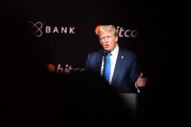 Former President Donald Trump addresses the Bitcoin 2024 conference at Music City Center in Nashville, Tenn., Saturday, July 27, 2024.