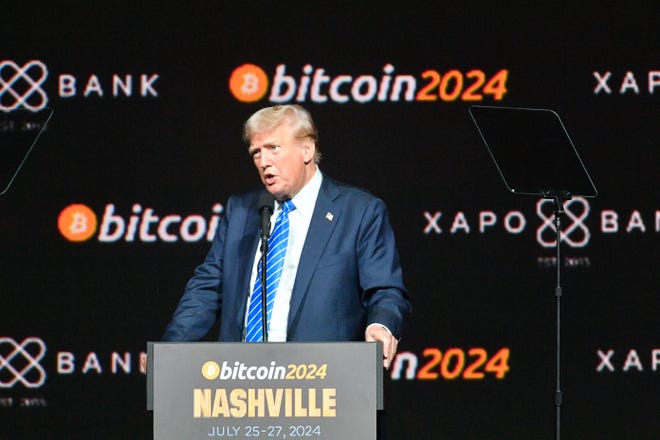 Former President Donald Trump addresses the Bitcoin 2024 conference at Music City Center in Nashville, Tenn., Saturday, July 27, 2024.