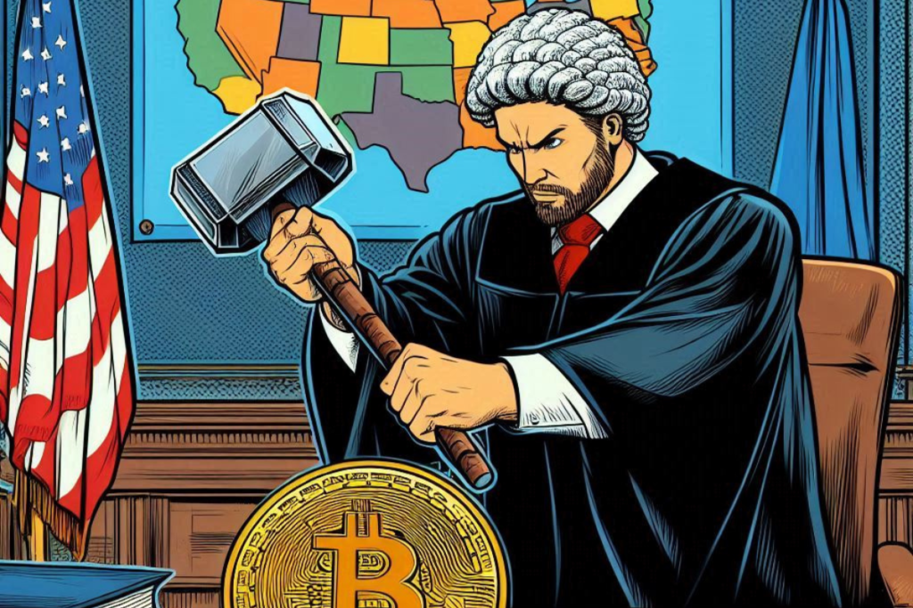 Judge with gavel banging on bitcoin coin